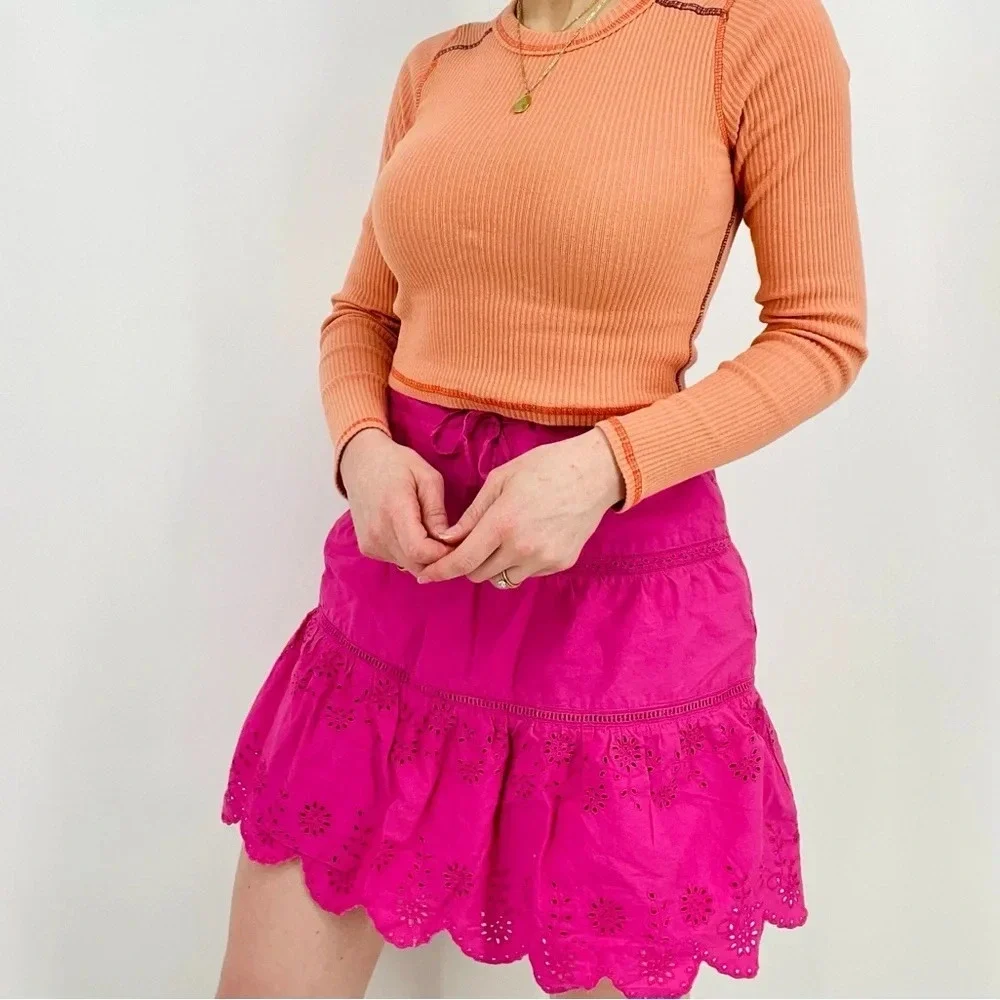 Coastal Cowgirl Boho Hot Pink Eyelet Scalloped Mini Skirt Size S
